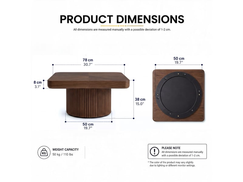  Table basse carrée à angles arrondis en bois et mdf, coloris noyer, 78 x 78 x 38 cm  - Conforama E