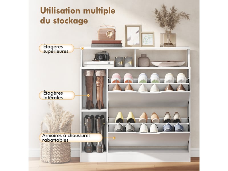 Meuble à chaussures, armoire à chaussures, 2 tiroirs rabattables, compartiments ouverts et étagère réglable, blanc  - Conforama E