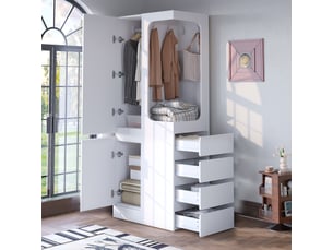 Armoire avec niche penderie ouverte, 2 portes et 4 tiroirs latéraux, 70 × 40 × 170 cm, blanche