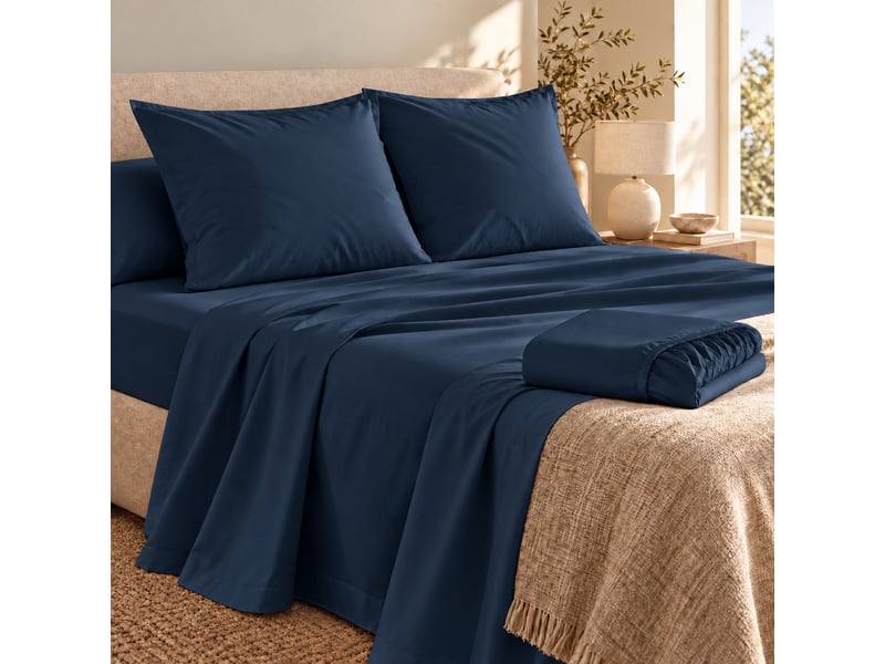  Ensemble literie 4 pièces drap plat 240 x 300 cm + drap housse 140x190 cm + 2 taies 63x63 cm percale 78 fils bleu  - Conforama A