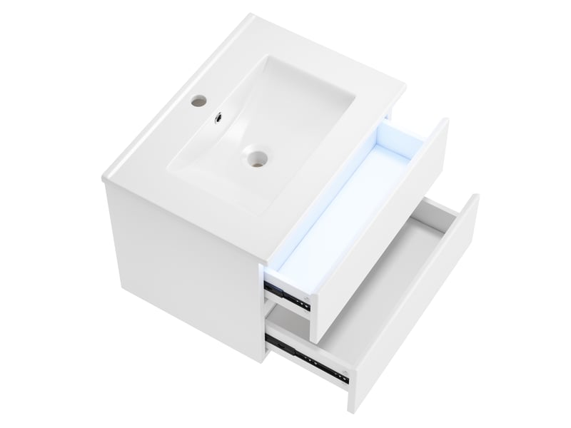 Meuble vasque mural salle de bain blanc 61 cm avec lavabo intégré, led radar et 2 tiroirs silencieux - Conforama E