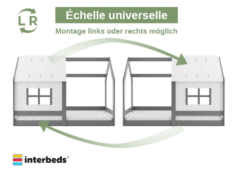Lit cabane enfant montessori en bois massif gris anthracite avec toit et fenêtre, 80x160 cm – sommier à lattes inclus - Conforama R