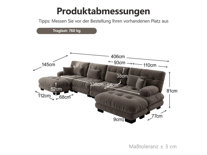  Canapé modulable en u 4 places avec ottomane en tissu marron  - Conforama C