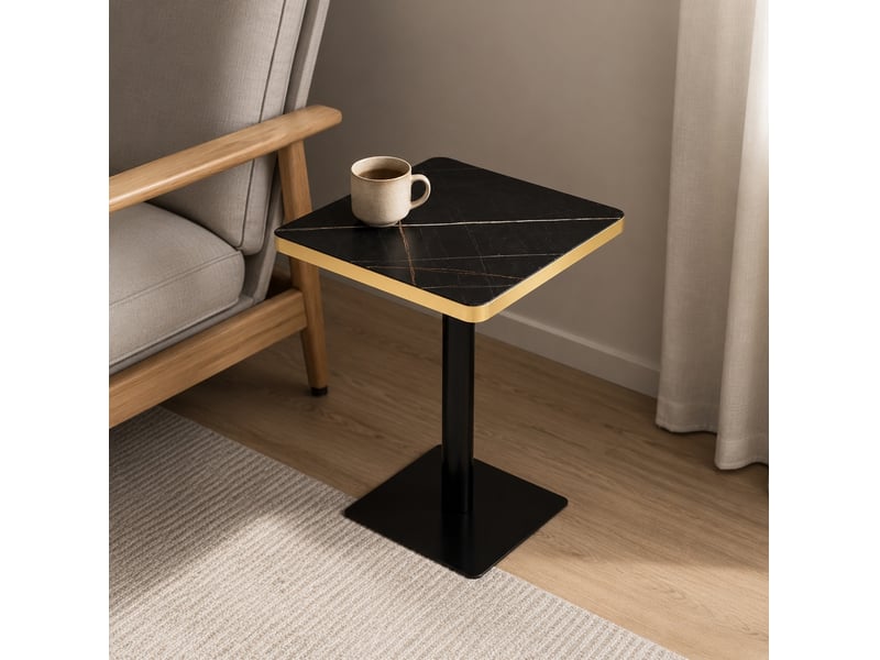  Table de salle à manger carrée pour 2 à 4 personnes avec pied métallique, effet marbre et bord doré, 60 × 60 × 74 cm  - Conforama B