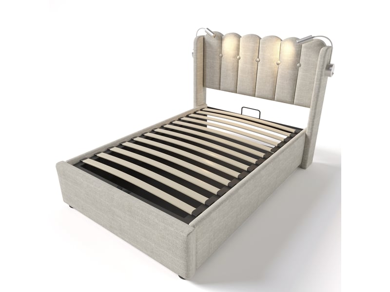 Lit coffre adulte 90x200 cm – beige naturel – liseuses orientables, port usb, rangement et matelas inclus - Conforama D