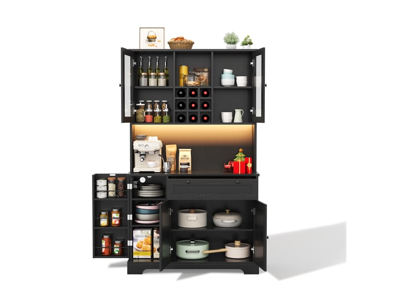  Vitrine de cuisine haute avec led et prise, armoire de rangement avec range-épices et étagères réglables, buffet vaisselier, 180 × 105 × 40 cm, noir CARDUME ESTIVAL - Conforama A