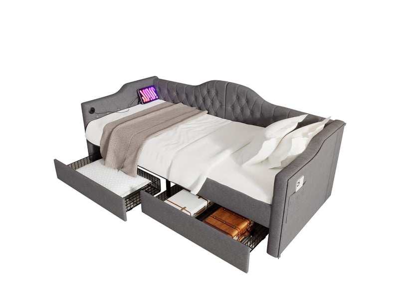  Lit banquette 90x190 cm gris en lin avec 2 tiroirs, usb et usb-c  - Conforama A