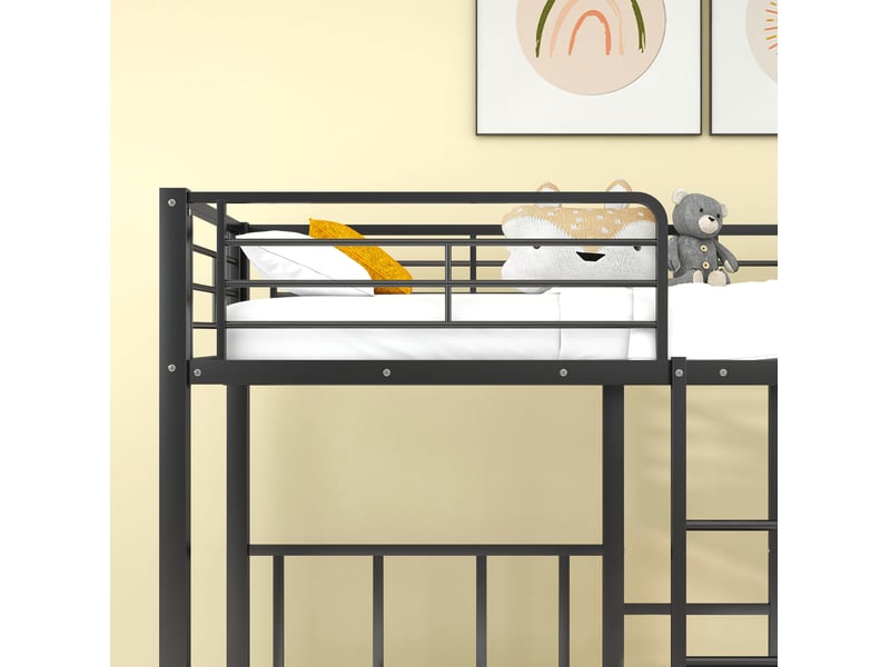  Lit superposé triple 90x200 cm, 3 couchages, échelle, barrières de sécurité, design minimaliste, métal noir  - Conforama E