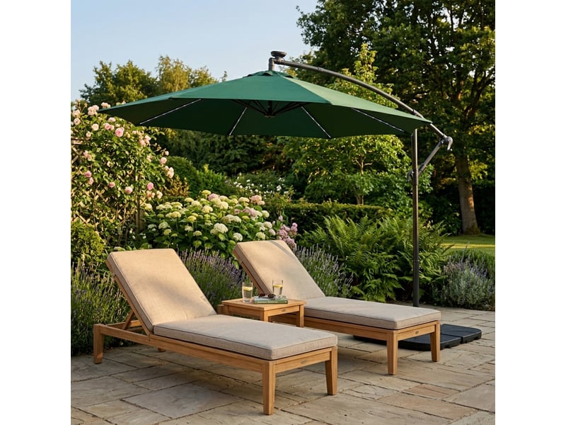  Parasol banane à mât déporté suspendu vert à led solaire 3 m jardin terrasse extérieur manche auvent manivelle imperméable protection aux uv base 216440 - Conforama D