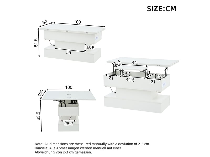Table basse relevable 100x50x51,5 cm, plateau dépliable 100x100 cm, hauteur réglable, led, usb-c, prise intégrée et rangement caché - blanc - Conforama D