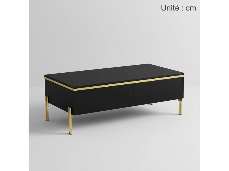  Ensemble meuble tv et table basse noir brillant avec pieds en métal doré et rangements  - Conforama C