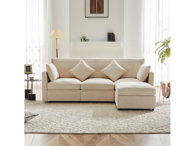  Canapé d'angle modenvie modulable 216 x 161 x 81 cm en chenille beige avec pouf mobile et 4 coussins  - Conforama D