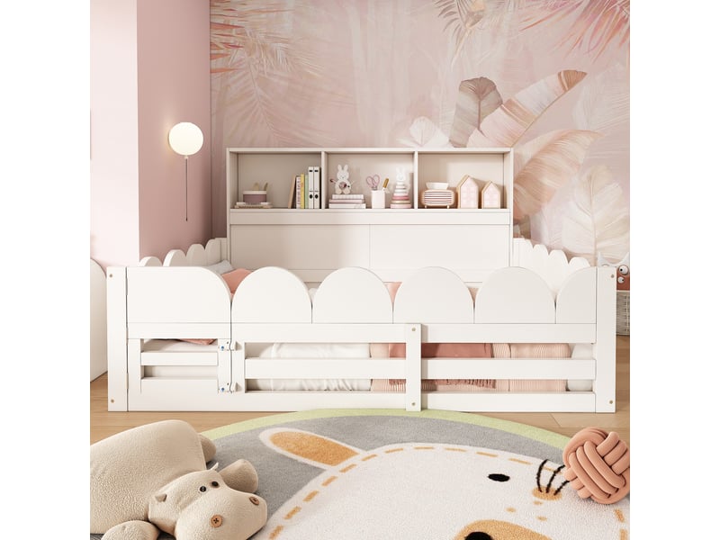  Lit au sol enfant 140x200 blanc en bois avec barrière et étagère  - Conforama B