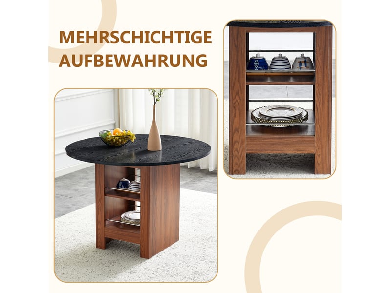  Table de salle à manger ronde, 100x100x76 cm, moderne avec espace, plateau mdf, piètement métal, coloris noir et noyer  - Conforama D