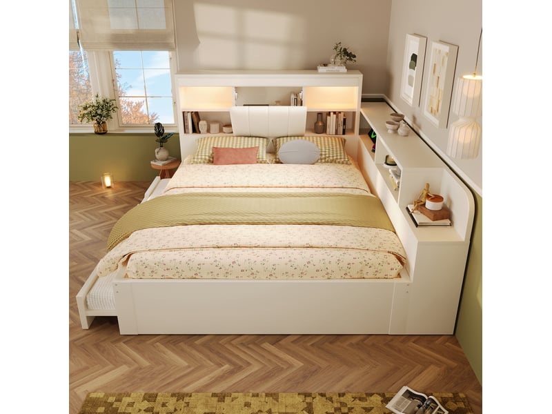 Lit gigogne 140x190 cm avec led, rangements et usb blanc - Conforama D