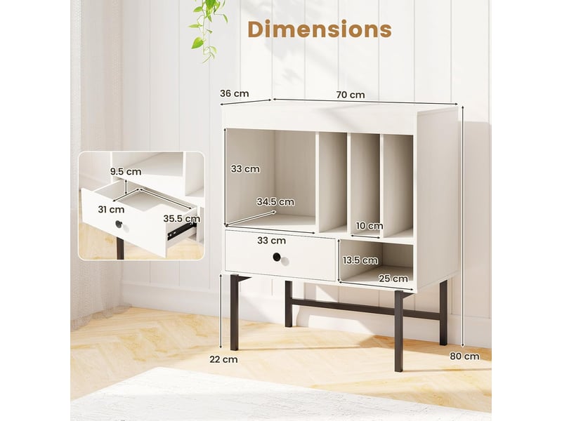 Meuble platine vinyle 3 niveaux pour albums, support de tourne-disques avec tiroir, compartiments ouverts, pour vinyles pour salon, studio (blanc)  - Conforama B