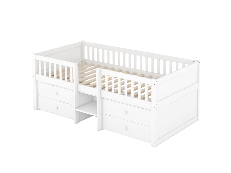 Lit mezzanine pin blanc 90x200 cm – 4 tiroirs, barrière et échelle – sans matelas  - Conforama A