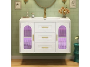 Meuble vasque mural blanc 76 cm avec lavabo, porte en verre strié, led et tiroirs