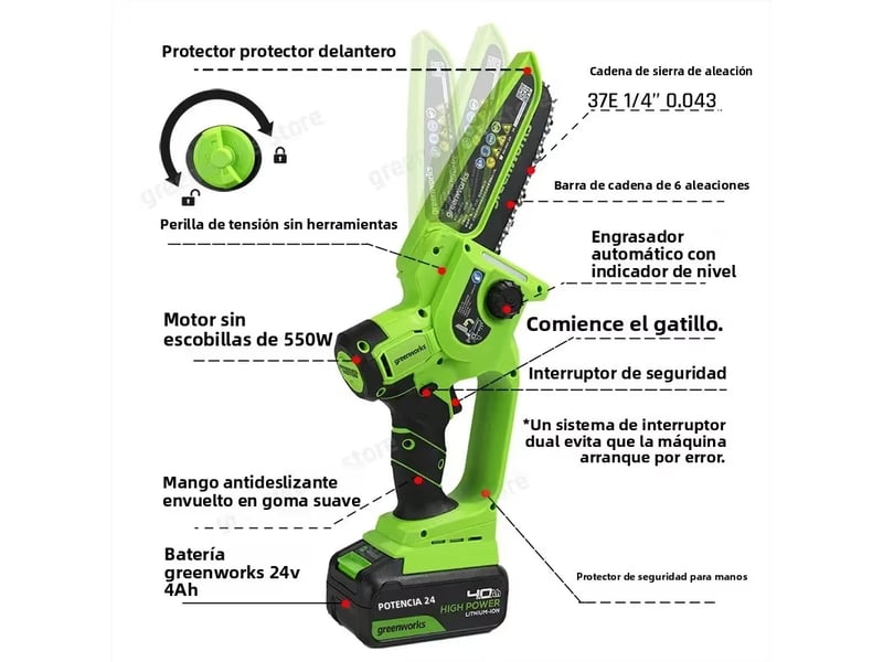  Greenworks mini tronçonneuse 24 v 6 moteur sans brosse petite scie à main sans fil avec batterie 4,0 ah et chargeur outil-bas de tension  - Conforama D