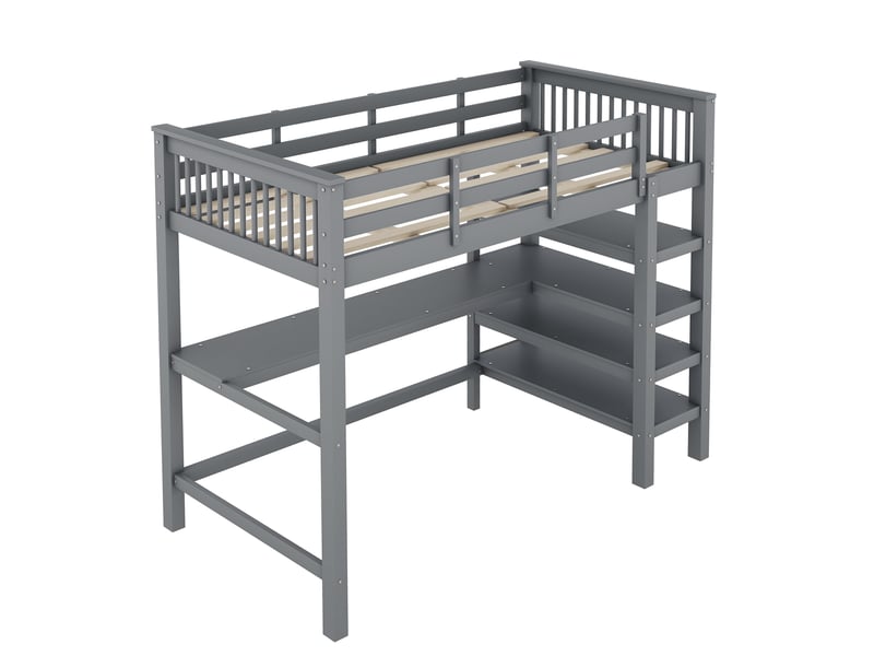 Lit mezzanine enfant avec bureau et étagères, lit mezzanine 90x200 gris en bois massif, lit mezzanine sans matelas, 207x99x169.5cm. - Conforama W