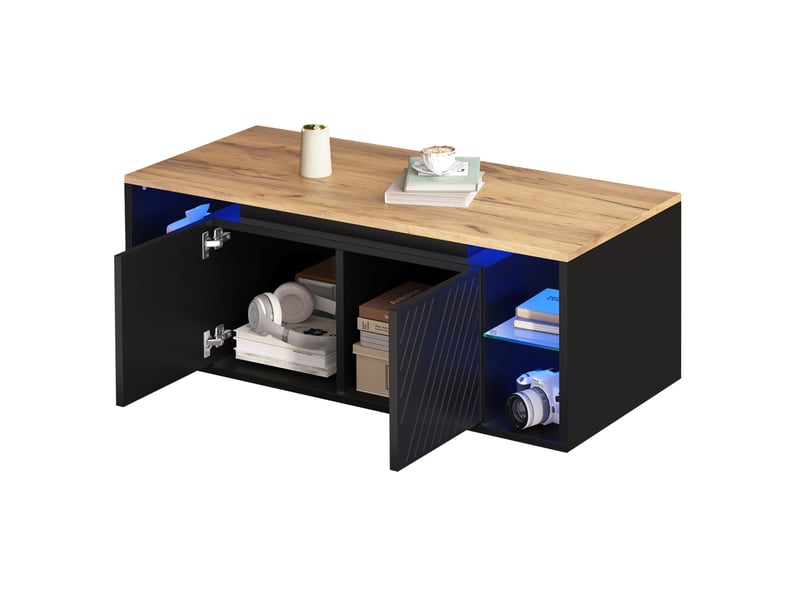  Table basse led avec 2 portes et niches ouvertes, pour salon, en panneaux de particules, noir et bois, 100 × 50 × 41 cm  - Conforama A