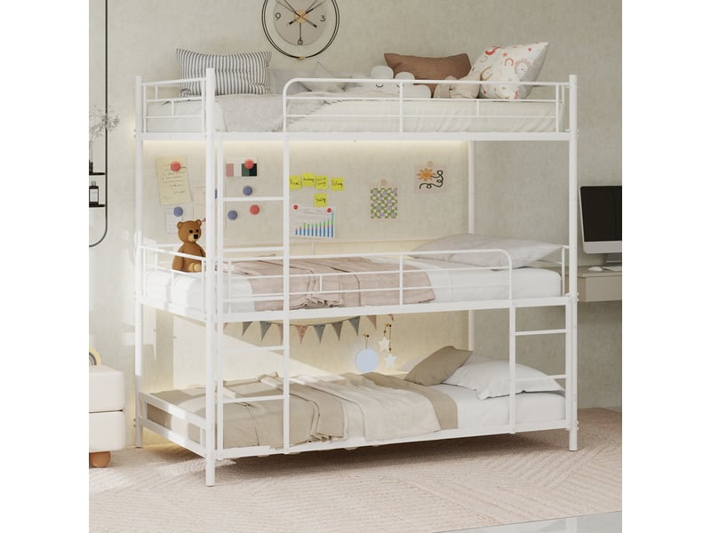 Lit superposé triple 90x190 cm - lit ado gain de place avec échelle intégrée et garde-corps, structure en métal, sans matelas, blanc  - Conforama C