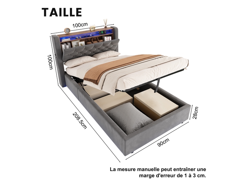  Lit rembourré 90 × 190 cm 1 place avec rangement hydraulique, étagère, usb, type-c et led, sans matelas, gris  - Conforama D