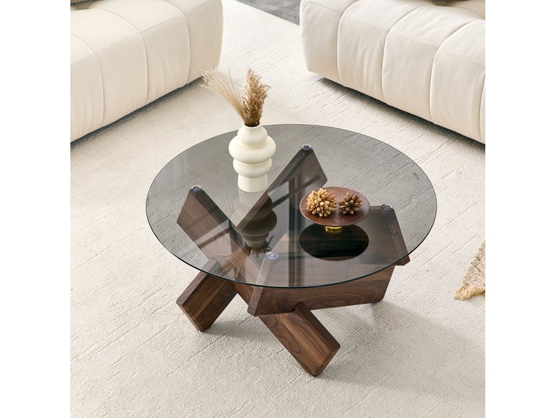  Table basse ronde avec plateau en verre trempé et piètement géométrique en mdf pour salon, noyer, ø 79 × 45 cm  - Conforama E