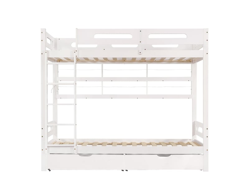  Lit superposé 2 places 90 × 200 cm, 2 tiroirs, étagères et échelle, sans matelas, pin et mdf blanc  - Conforama E