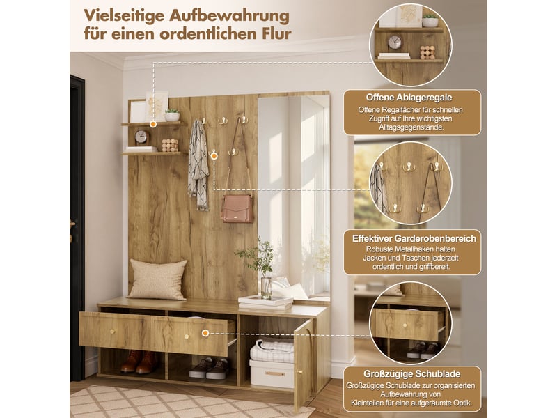  Vestiaire naturel 120×35×159 cm en panneau de particules, banc de rangement, banc à chaussures, miroir intégré  - Conforama D
