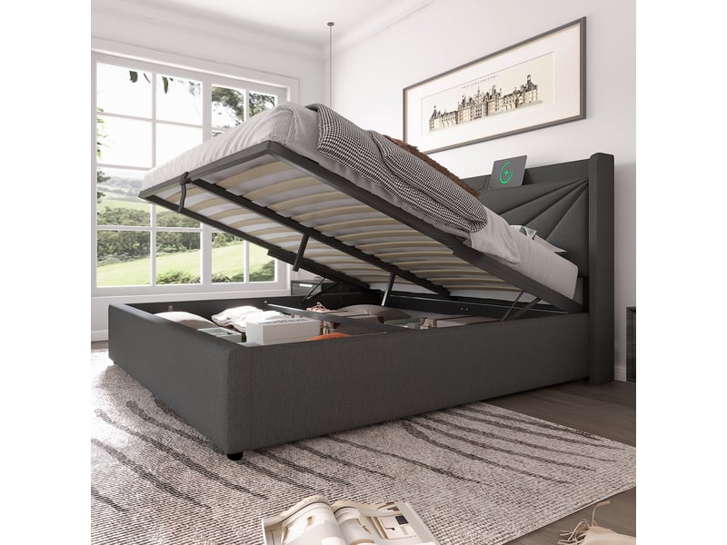  Lit coffre 180x200 cm en lin avec ports usb-c, tête de lit de rangement et sommier à lattes, sans matelas  - Conforama C