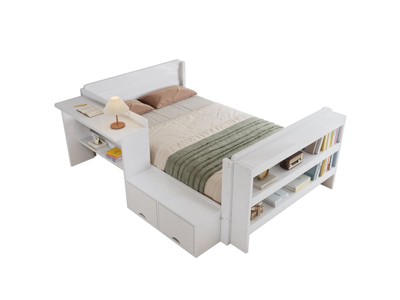  Lit enfant en bois 120x200 cm avec bureau intégré, rangements latéraux, étagère avant et module réversible, lit ado avec espace de travail - blanc  - Conforama A