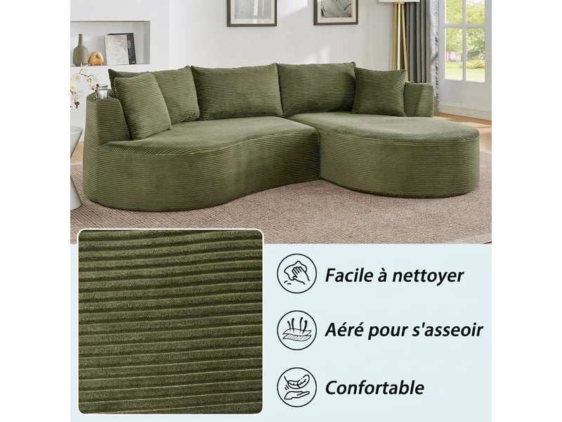 Canapé 3 places d'angle droit vert - design incurvé en velours côtelé doux avec porte-gobelet - Conforama W