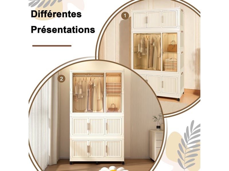  Armoire modulable en plastique pp, 9 portes magnétiques, penderie et 8 espaces de rangement, 6 roulettes avec frein, beige OMNIGLINT TRADING LTD - Conforama D