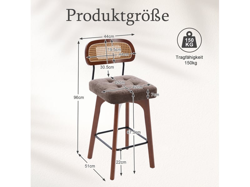  Lot de 2 tabourets de bar pivotants 360° en tissu marron café, dossier en paille et assise rembourrée vintage  - Conforama C