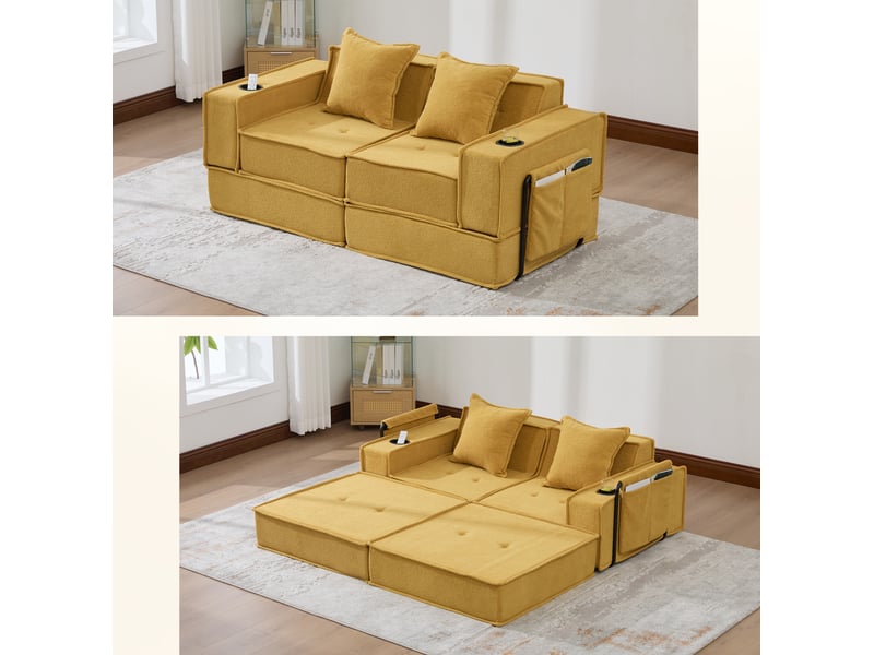  Canapé-lit modulaire ulevr 2 places convertible en chenille jaune moutarde, 162 x 78 x 66 cm, poches latérales et porte-gobelets  - Conforama D