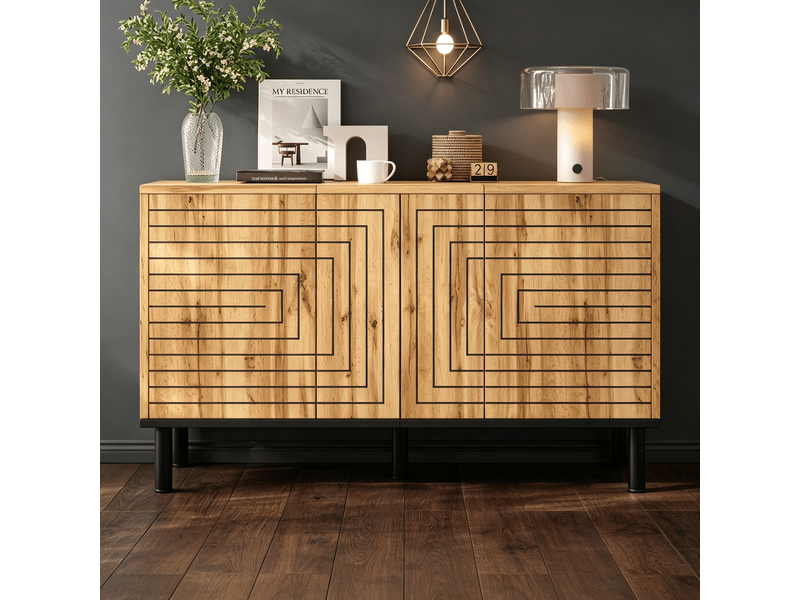  Buffet bois naturel meuble de rangement 3 portes 120x35x68 cm  - Conforama D