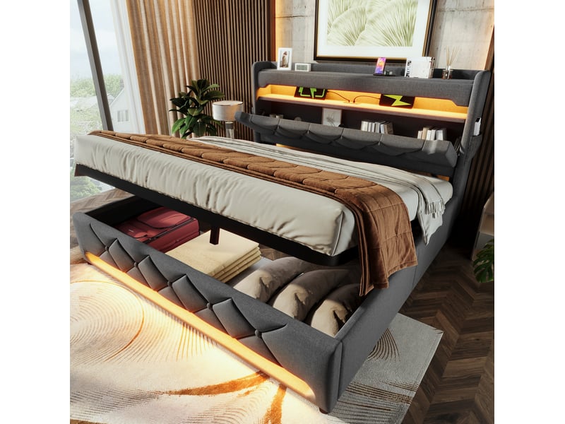  Lit coffre 160 × 200 cm 2 places avec led 360 degrés, rangements, usb et type-c, matelas inclus, tissu gris  - Conforama C