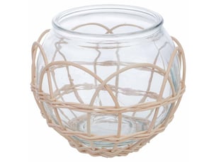 Bougeoir en verre doublé de rotin beige, diamètre 18 x hauteur 15,5 cm