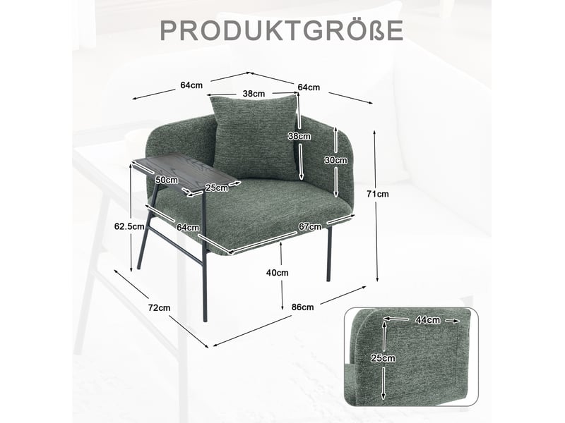  Fauteuil avec table d'appoint intégrée, poches de rangement et coussins, en chenille vert émeraude  - Conforama D