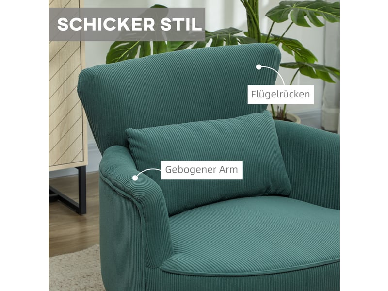  Fauteuil d'accent 69x69.5x78cm – fauteuil lounge individuel avec coussin lombaire et pieds en bois massif – velours côtelé - vert foncé  - Conforama D
