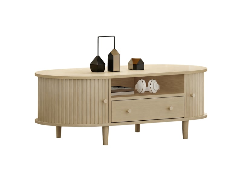  Table basse ovale avec tiroir, rangement ouvert et porte à rideau 100×50×36 cm en mdf chêne  - Conforama A
