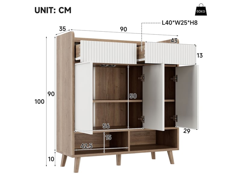  Meuble à chaussures 90 x 35 x 100 cm rangement chaussures 3 portes 2 tiroirs compartiments à chaussures pieds en bois blanc aspect bois  - Conforama C