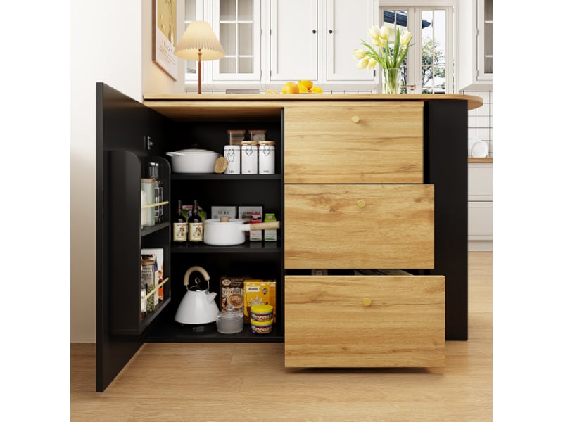  Table de bar extensible et mobile 138-204×39×104 cm, rotative à 360°, îlot de cuisine haute avec rangement, buffet moderne  - Conforama E