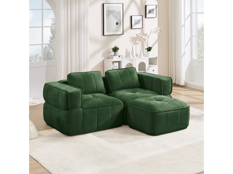  Canapé modulable d’angle en l 2 places en polyester vert, 198 x 162 x 67 cm, sans montage, mousse haute densité 32d, assise profonde, avec pouf Luxe haut de gamme - Conforama B