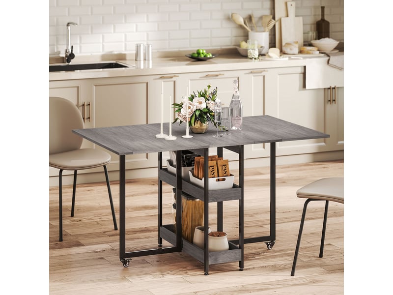 Table pliante à 2 abattants pour 4 personnes avec 2 étagères ouvertes, en bois et métal, 133,4 x 80 x 75 cm, grise - Conforama D