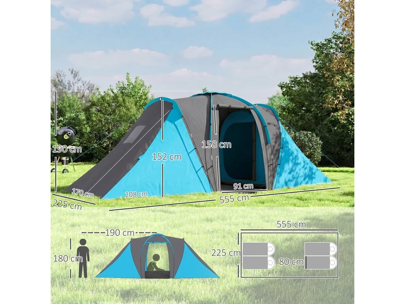  Tente tunnel, tente de camping imperméable 2000 mm pour 4 personnes, avec 2 chambres, un espace de vie et un sac de transport, gris et bleu.  - Conforama E