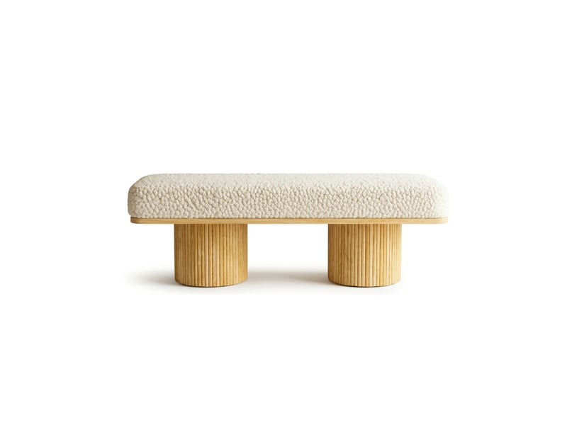  Banc de chambre 122x46x42,5 cm en bois et tissu peluche creme, assise rembourree, design moderne  - Conforama C