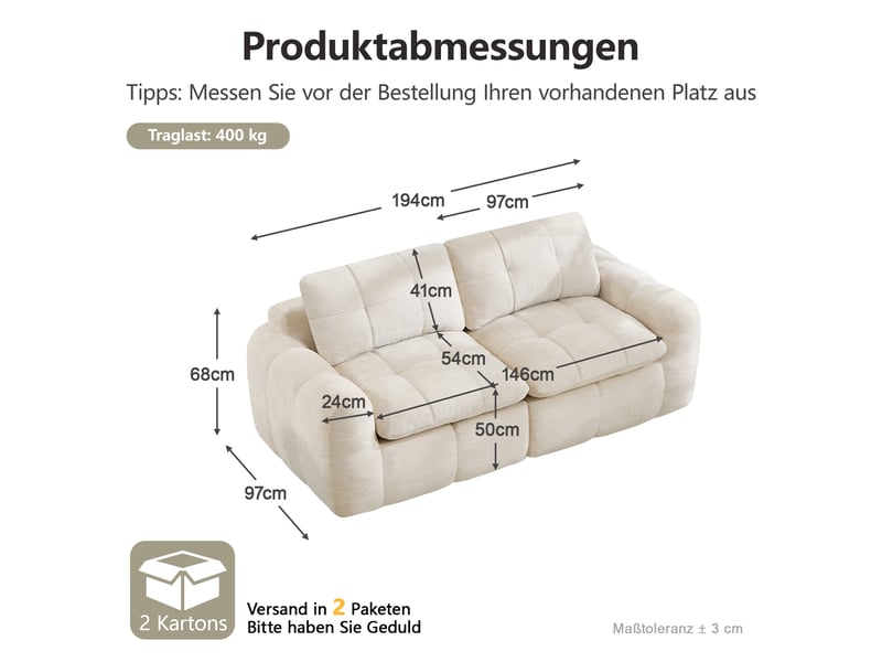  Canapé droit modulable 2 places en chenille beige – 194 x 97 x 68 cm Fay Lum - Conforama C