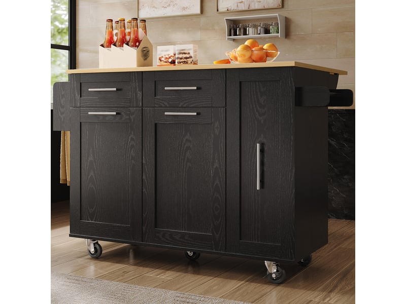  Îlot de cuisine moderne noir avec plateau rabattable, desserte sur roulettes, table à manger multifonctionnelle en métal et mdf, 110 cm  - Conforama E